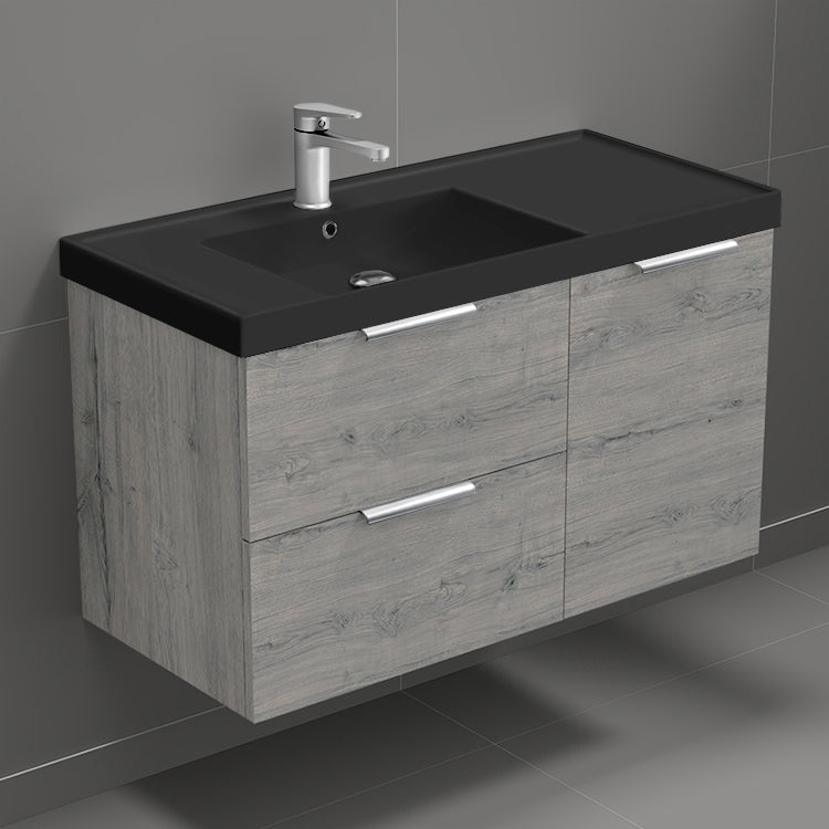 Wall Mounted Bathroom Vanity With Black Sink, Modern, 36", Grey Oak