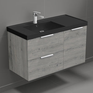 Wall Mounted Bathroom Vanity With Black Sink, Modern, 36", Grey Oak