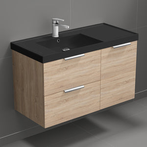 Modern Bathroom Vanity With Black Sink, Wall Mounted, Single, 36", Brown Oak