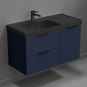 Blue Bathroom Vanity With Black Sink, Floating, 36"