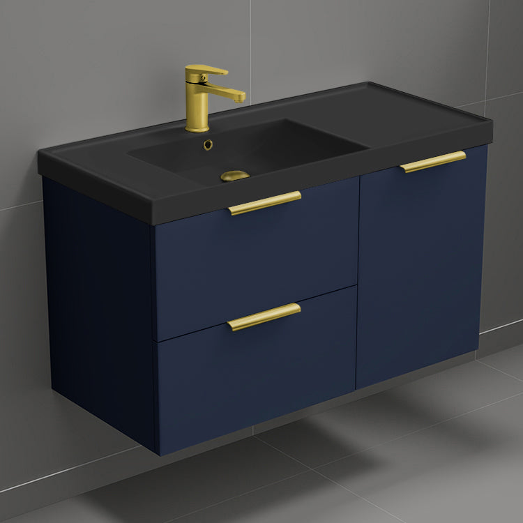 Blue Bathroom Vanity With Black Sink, Wall Mounted, 36"