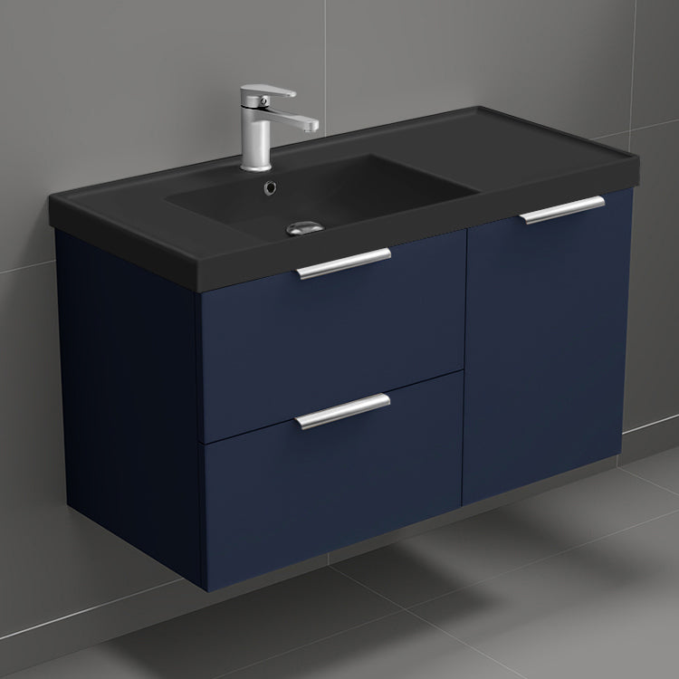 Blue Bathroom Vanity With Black Sink, Floating, 36"