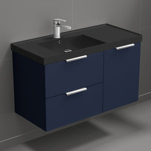 Blue Bathroom Vanity With Black Sink, Floating, 36"