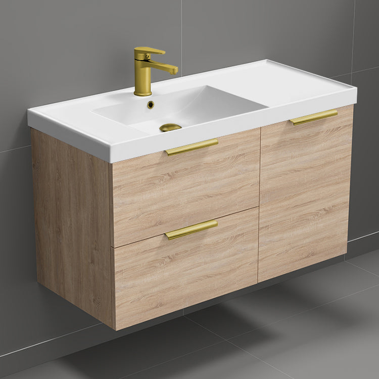 Modern Bathroom Vanity, Wall Mounted, Single, 36", Brown Oak