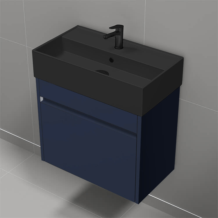 Small Bathroom Vanity With Black Sink, Wall Mounted, Modern, 24", Night Blue