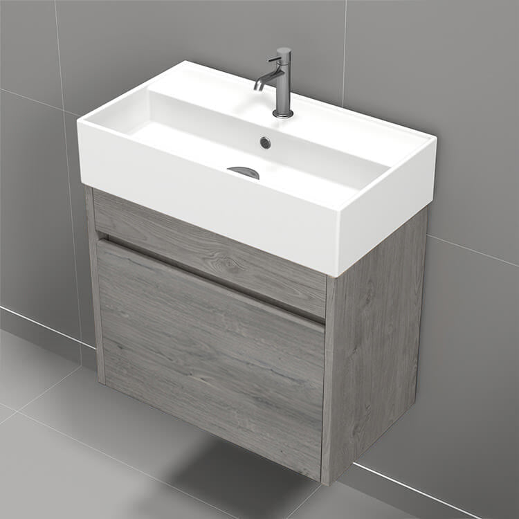 24" Bathroom Vanity, Wall Mounted, Modern, Grey Oak