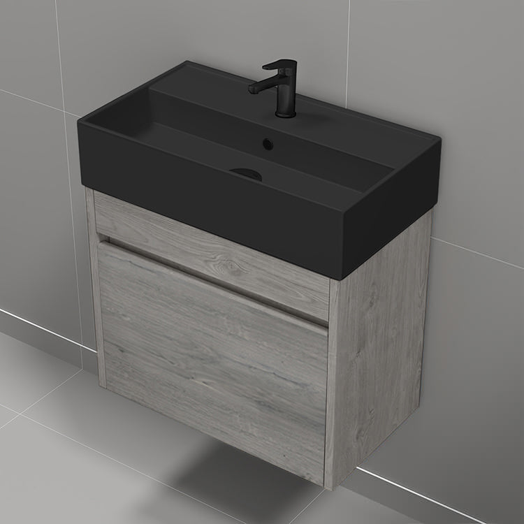 Small Bathroom Vanity With Black Sink, Wall Mounted, Modern, 24", Grey Oak
