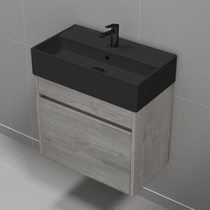 Small Bathroom Vanity With Black Sink, Wall Mounted, Modern, 24", Grey Oak