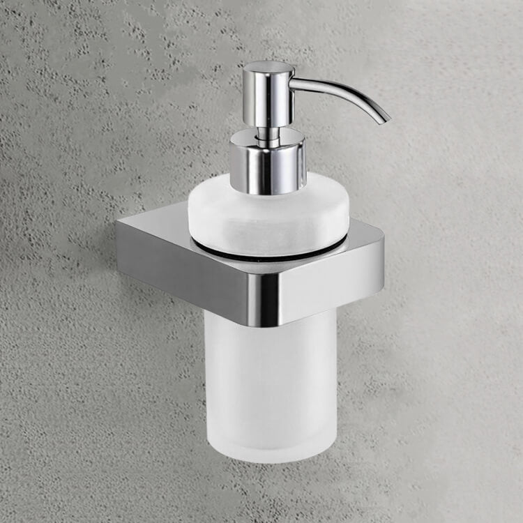 Soap Dispenser, Wall Mount, Frosted Glass With Chrome Mounting