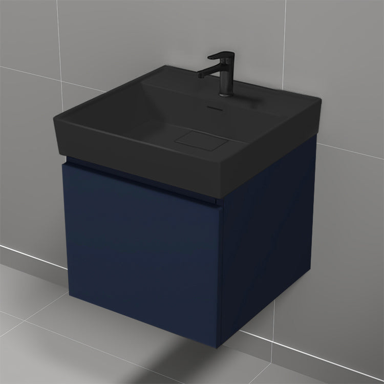 Small Bathroom Vanity With Black Sink, Wall Mount, Modern, 18", Night Blue