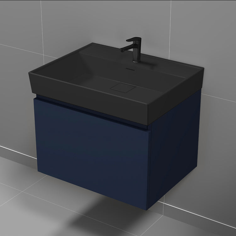 Blue Bathroom Vanity With Black Sink, Floating, Modern, 24"