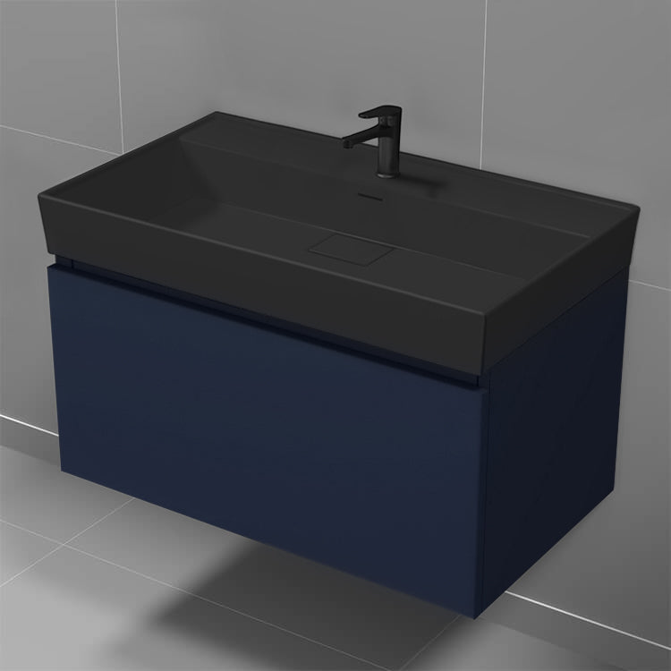 Blue Bathroom Vanity With Black Sink, Modern, Wall Mount, 32"