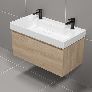 40" Bathroom Vanity, Double, Modern, Wall Mounted, Brown Oak