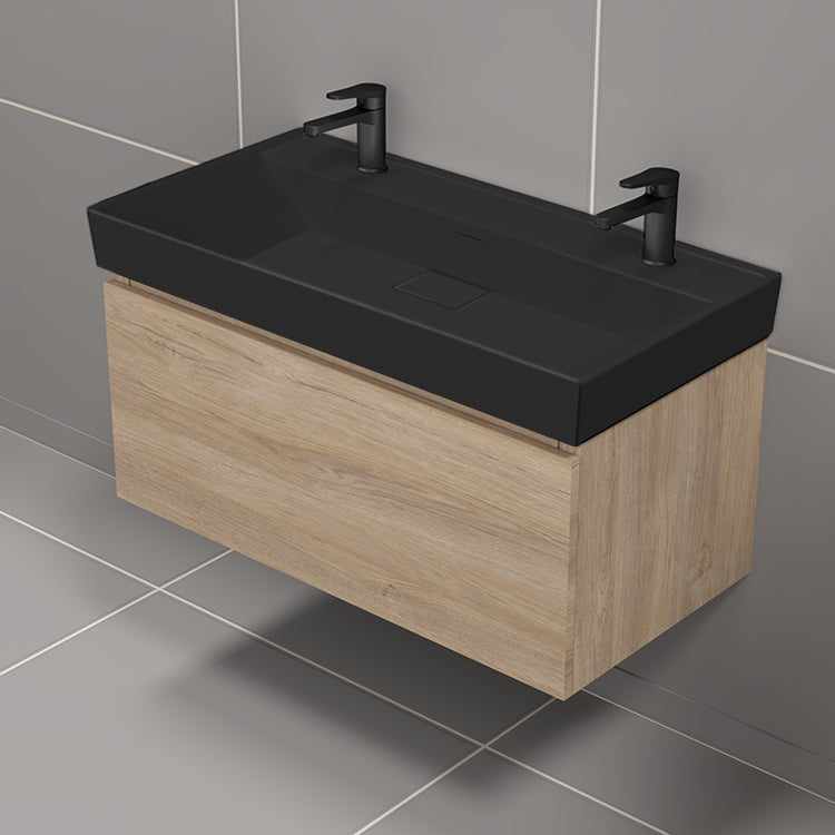 Modern Double Bathroom Vanity With Black Sink, Wall Mounted, 40", Brown Oak