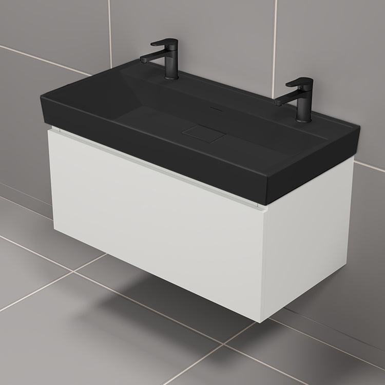 Modern Double Bathroom Vanity With Black Sink, Wall Mount, 40", Glossy White