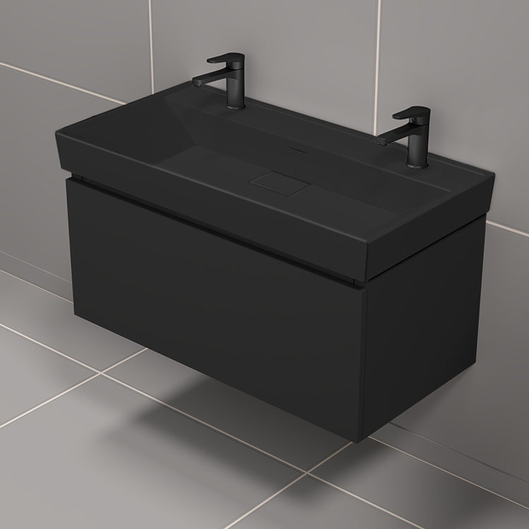 Black Bathroom Vanity, 40", Double, Wall Mounted