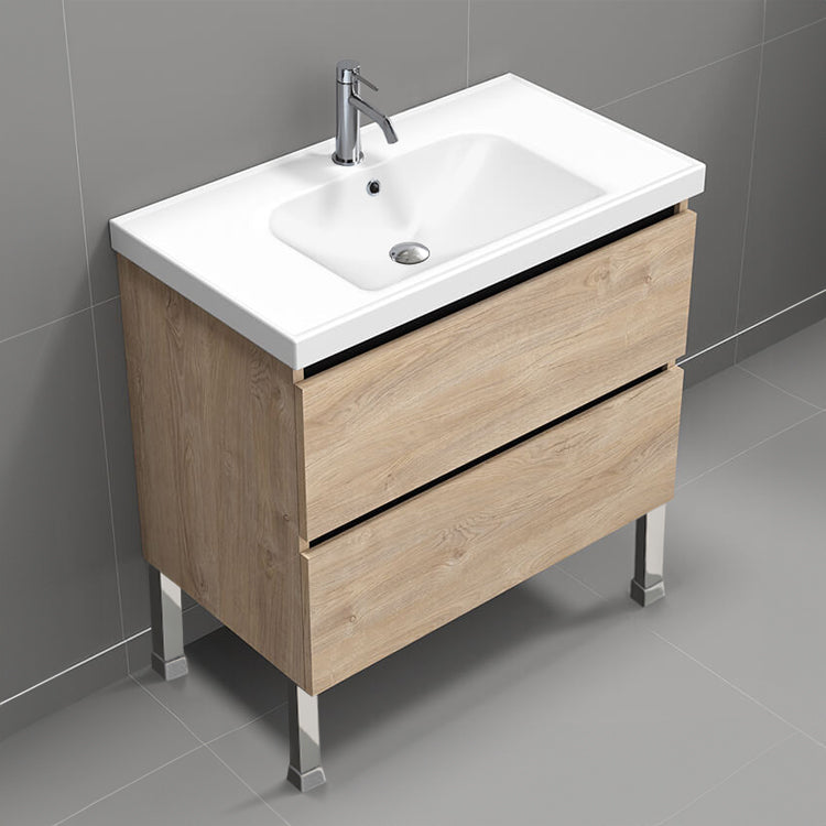 Free Standing Bathroom Vanity, Modern, 32", Brown Oak