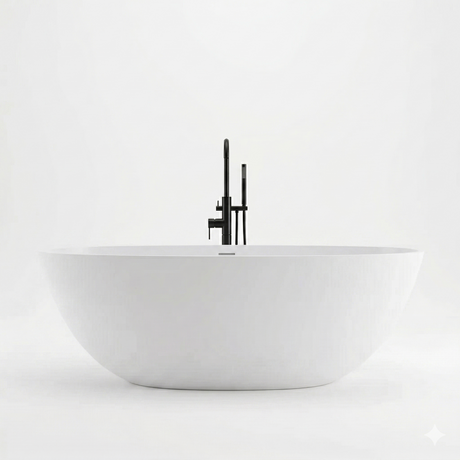 White freestanding bathtub with a black faucet on a white background