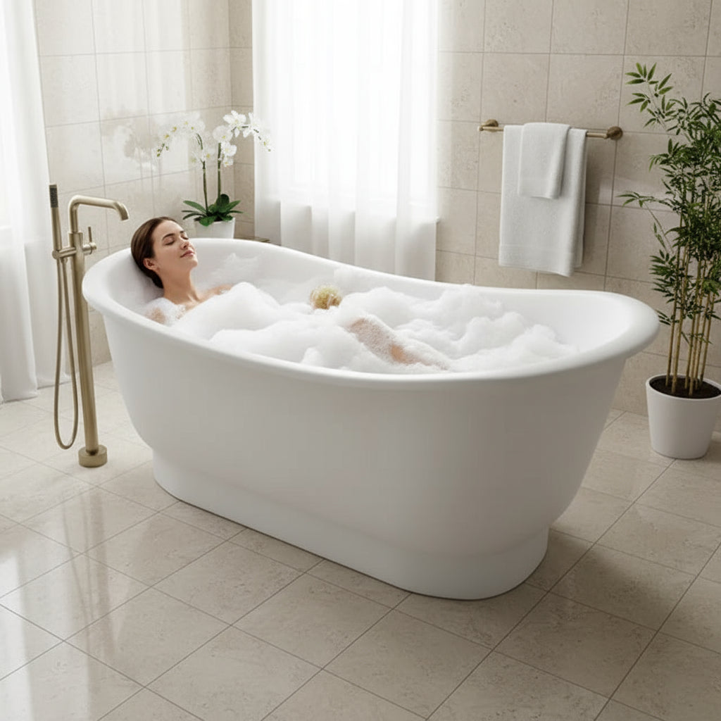 White freestanding bathtub on a light gray background