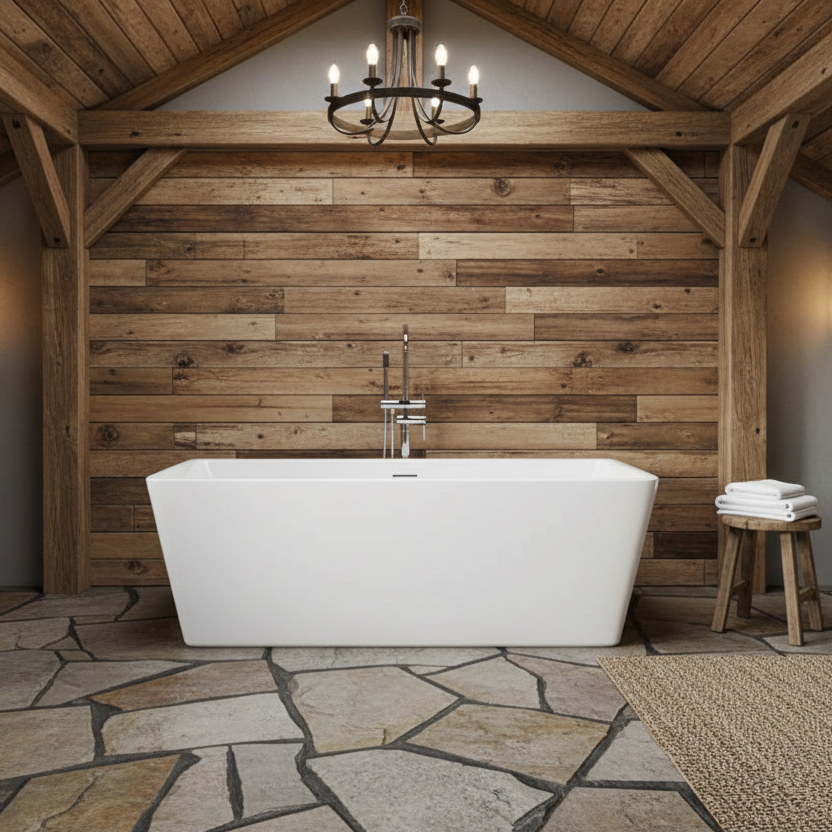 Modern bathroom with a freestanding bathtub against a wooden wall.
