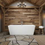 Modern bathroom with a freestanding bathtub against a wooden wall.