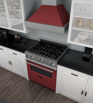 ZLINE 30 in. 4.0 cu. ft. Legacy Dual Fuel Range with 4 Burner Gas Cooktop and Electric Convection Oven in DuraSnow® Stainless Steel and Red Matte Door (RAS-RM-30)