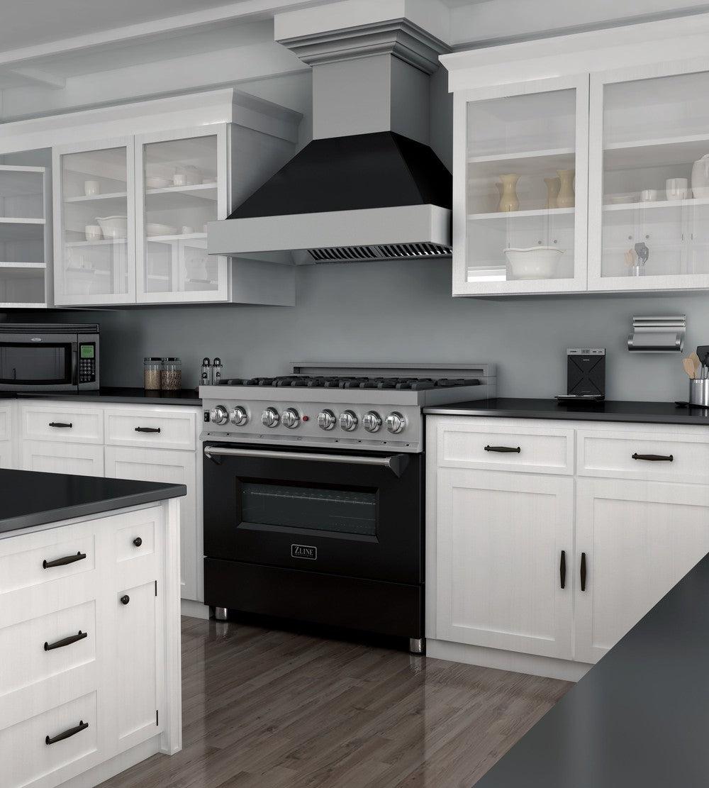 ZLINE 36 in. 4.6 cu. ft. Legacy Dual Fuel Range with 6 Burner Gas Cooktop and Electric Convection Oven in DuraSnow® Stainless Steel and Black Matte Door (RAS-BLM-36)