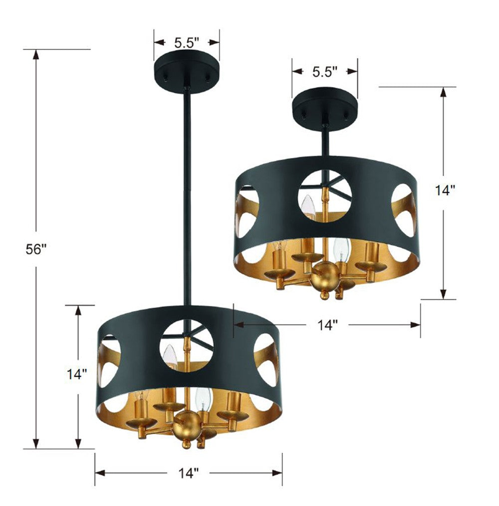 Odelle 4 Light Black + Antique Gold Semi Flush Mount ODE-700-BK-GA_CEILING