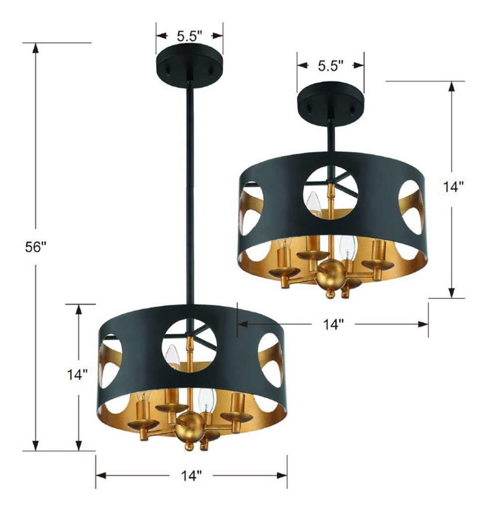 Odelle 4 Light Black + Antique Gold Mini Chandelier ODE-700-BK-GA