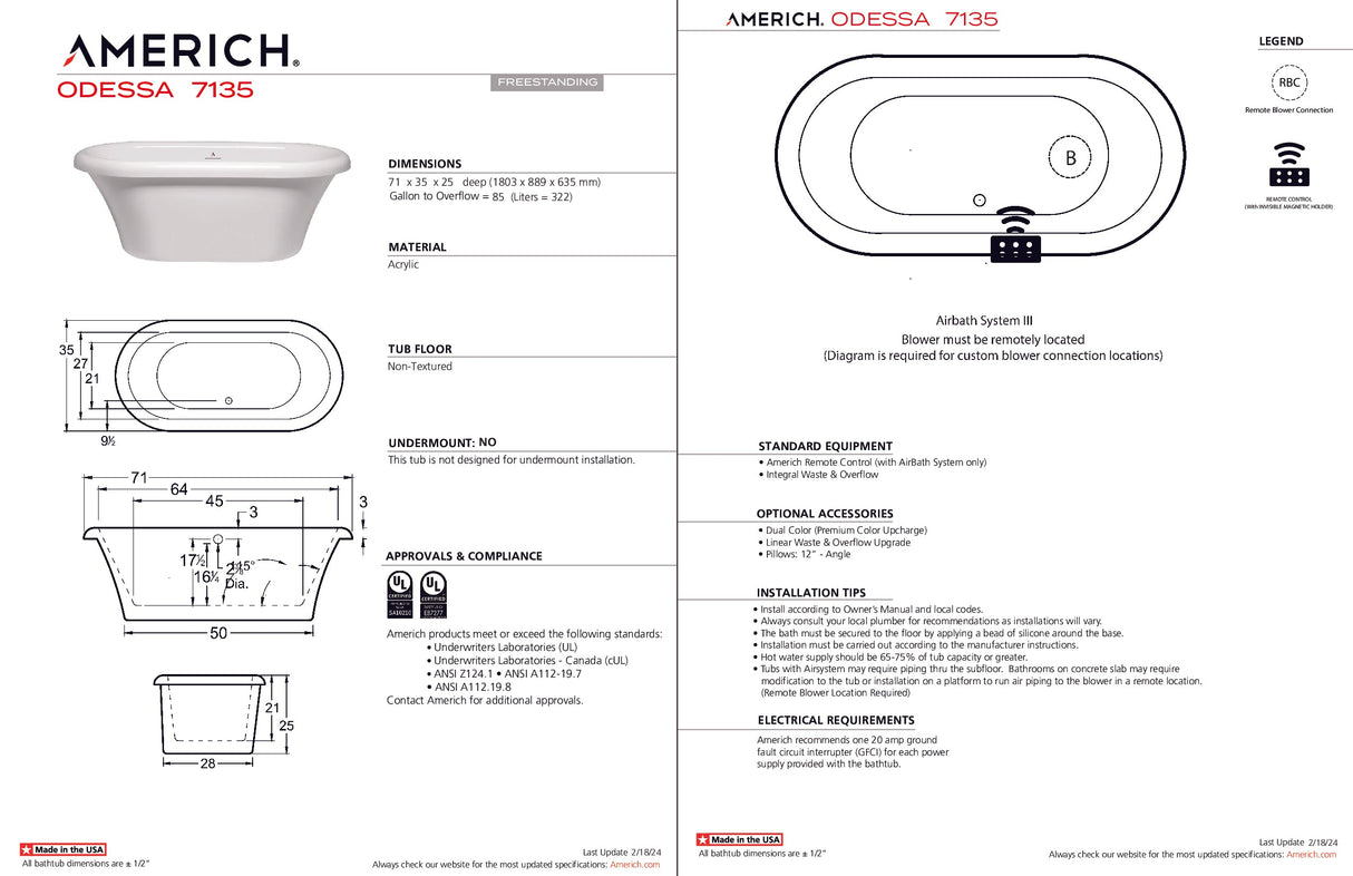 Americh OD7135T-WH Odessa 7135 - Tub Only - White