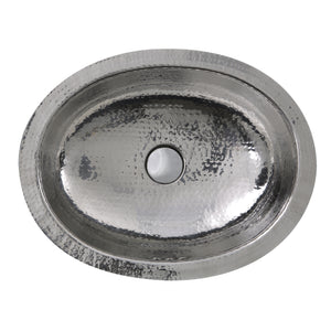 Nantucket Sinks OVS-OF 17.5 Inch x 13.75 Inch Hand Hammered Stainless Steel Oval Undermount Bathroom Sink With Overflow