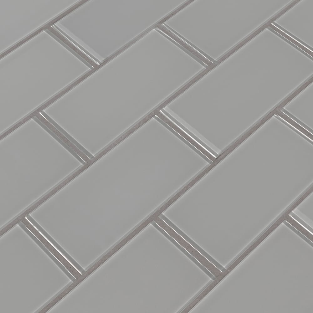 Oyster gray 3x6 glossy glass subway tile SMOT GL T OYGR36 product shot angle view  #Size_3"x6"