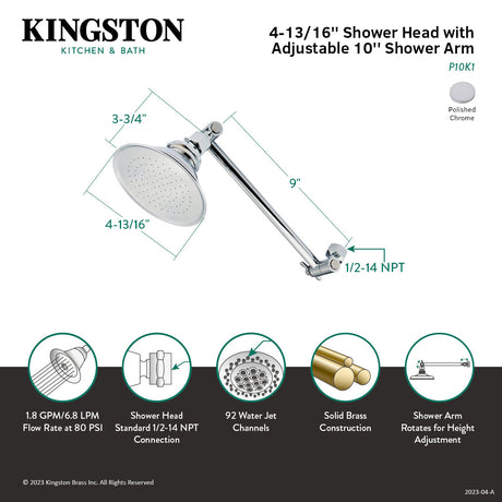 Victorian P10K1 4-7/8 Inch Brass Shower Head with 10-Inch High-Low Shower Arm, Polished Chrome