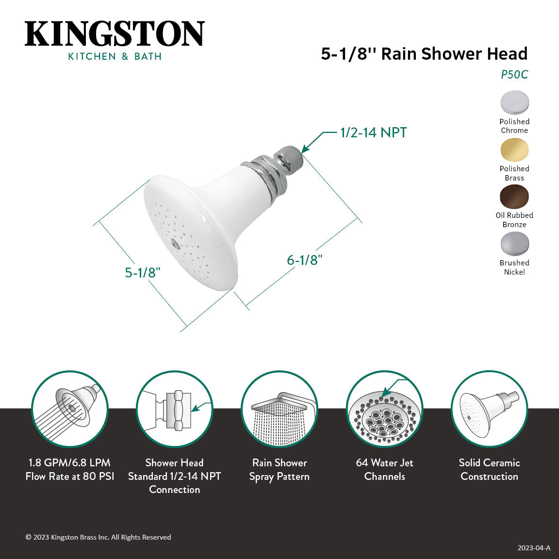 Victorian P50C 5-1/8 Inch Ceramic Shower Head, Polished Chrome