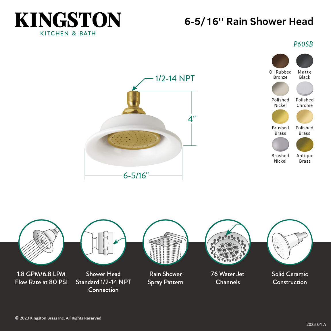 Victorian P60C 6-1/4 Inch Ceramic Shower Head, Polished Chrome