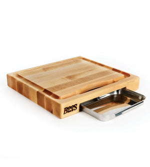 John Boos PM1514225-P Newton Prep Master Large Maple Wood Cutting Board for Kitchen, 15 Inches x 14 Inches, 2.25 Thick Reversible Edge Grain with Juice Groove & Stainless Pan 15X14X2.25 MPL-EDGE GR-PREP MASTER-