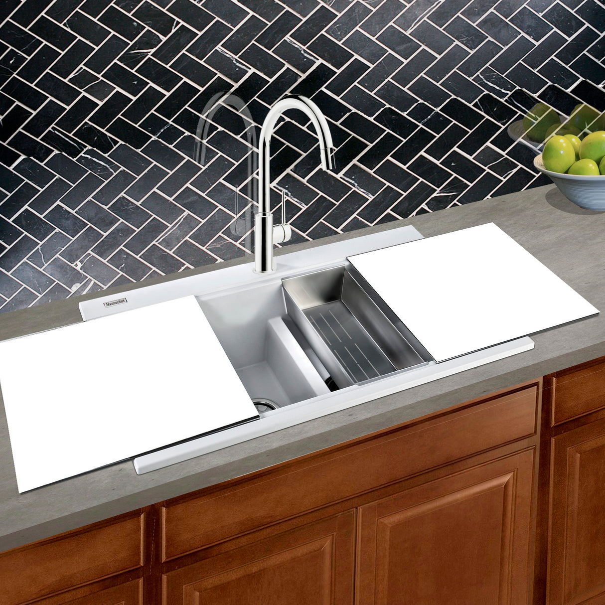 Nantucket Sinks Large Double Bowl Prep Station Topmount Granite Composite White