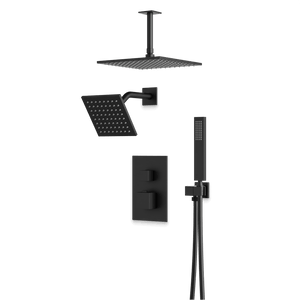 Artos Edge Thermostatic Shower Trim Kit with Wall Mount Shower Head, Ceiling Mount Shower Head, Hand Shower in Matte Black – Wide Control Trim Style – PS107BK
