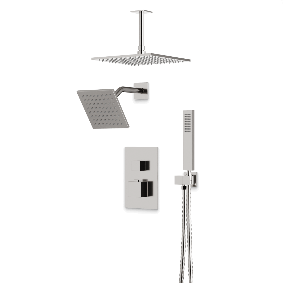 Artos Edge Thermostatic Shower Trim Kit with Wall Mount Shower Head, Ceiling Mount Shower Head, Hand Shower in Brushed Nickel – Wide Control Trim Style – PS107BN