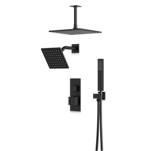 Artos Edge Thermostatic Shower Trim Kit with Wall Mount Shower Head, Ceiling Mount Shower Head, Hand Shower in Matte Black – Wide Control Trim Style – PS107BK
