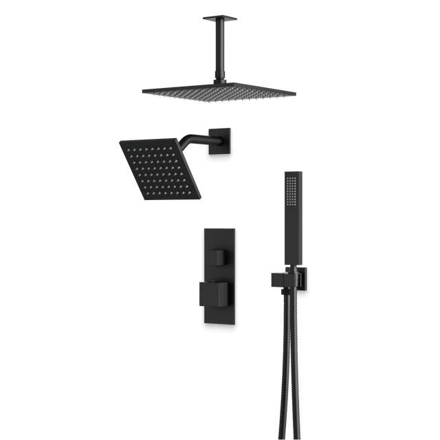 Artos Edge Thermostatic Shower Trim Kit with Wall Mount Shower Head, Ceiling Mount Shower Head, Hand Shower in Matte Black – Wide Control Trim Style – PS107BK