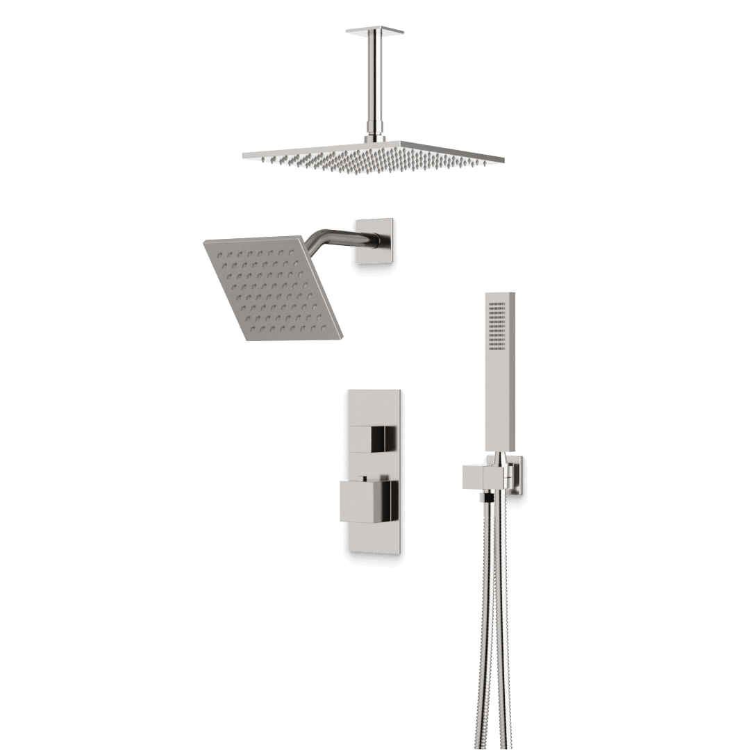 Artos Edge Thermostatic Shower Trim Kit with Wall Mount Shower Head, Ceiling Mount Shower Head, Hand Shower in Brushed Nickel – Wide Control Trim Style – PS107BN