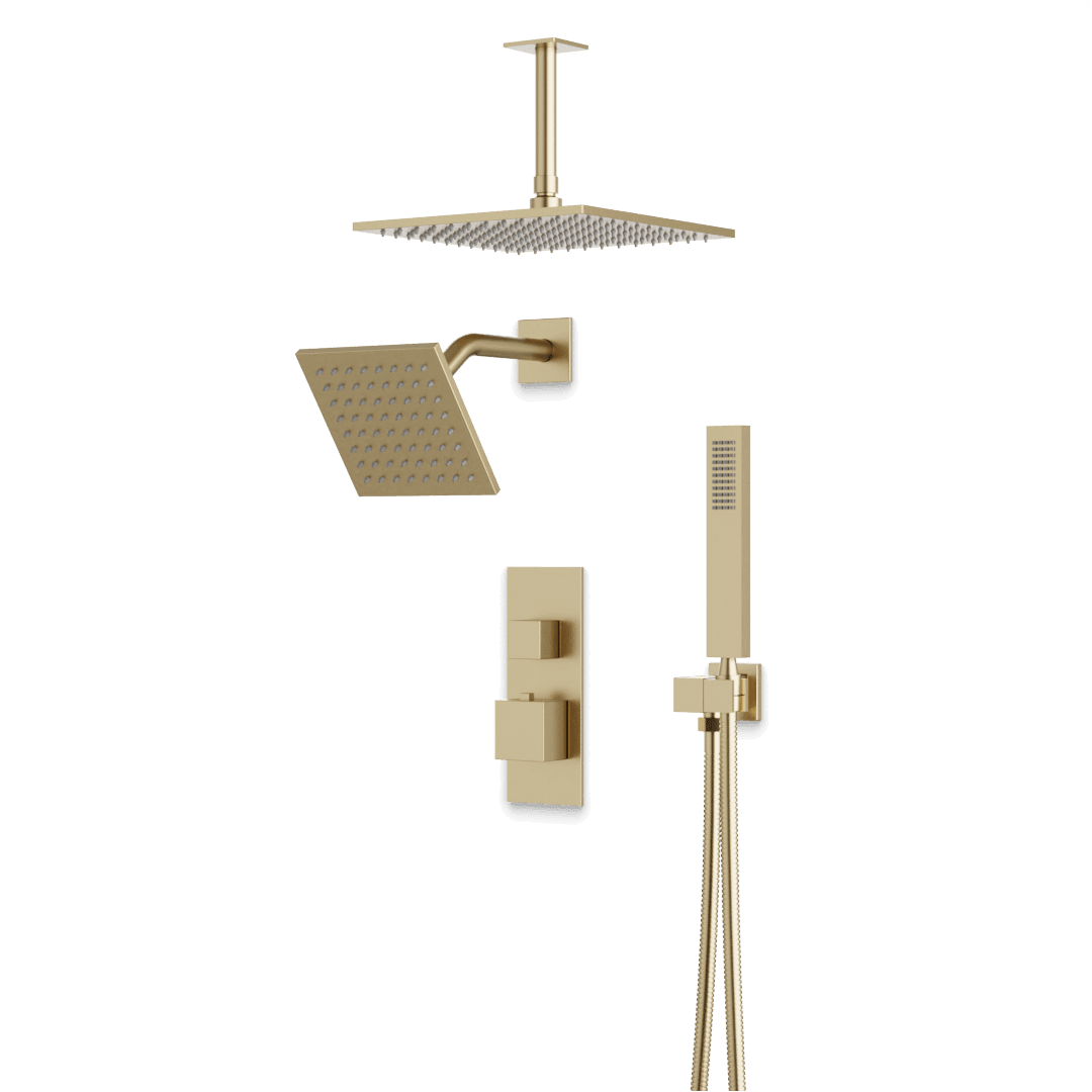Artos Edge Thermostatic Shower Trim Kit with Wall Mount Shower Head, Ceiling Mount Shower Head, Hand Shower in Satin Brass – Wide Control Trim Style – PS107SB