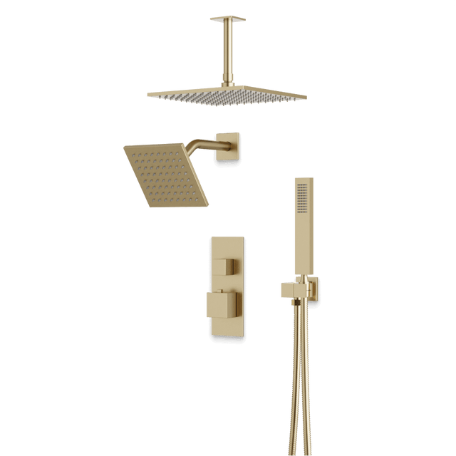 Artos Edge Thermostatic Shower Trim Kit with Wall Mount Shower Head, Ceiling Mount Shower Head, Hand Shower in Satin Brass – Wide Control Trim Style – PS107SB