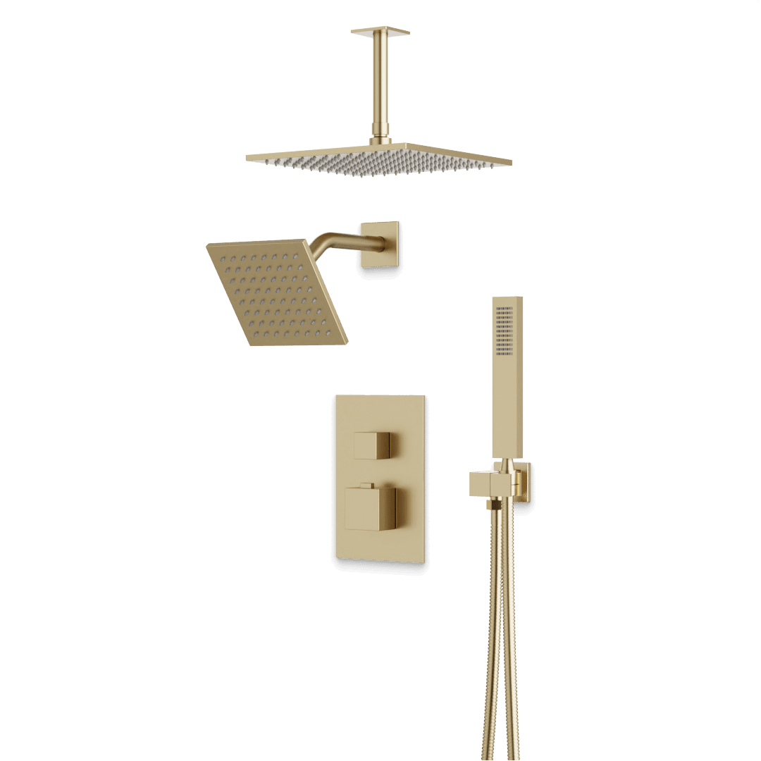 Artos Edge Thermostatic Shower Trim Kit with Wall Mount Shower Head, Ceiling Mount Shower Head, Hand Shower in Satin Brass – Wide Control Trim Style – PS107SB