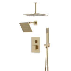Artos Edge Thermostatic Shower Trim Kit with Wall Mount Shower Head, Ceiling Mount Shower Head, Hand Shower in Satin Brass – Wide Control Trim Style – PS107SB