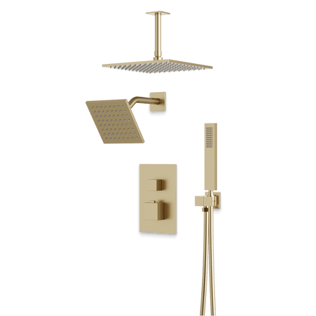Artos Edge Thermostatic Shower Trim Kit with Wall Mount Shower Head, Ceiling Mount Shower Head, Hand Shower in Satin Brass – Wide Control Trim Style – PS107SB