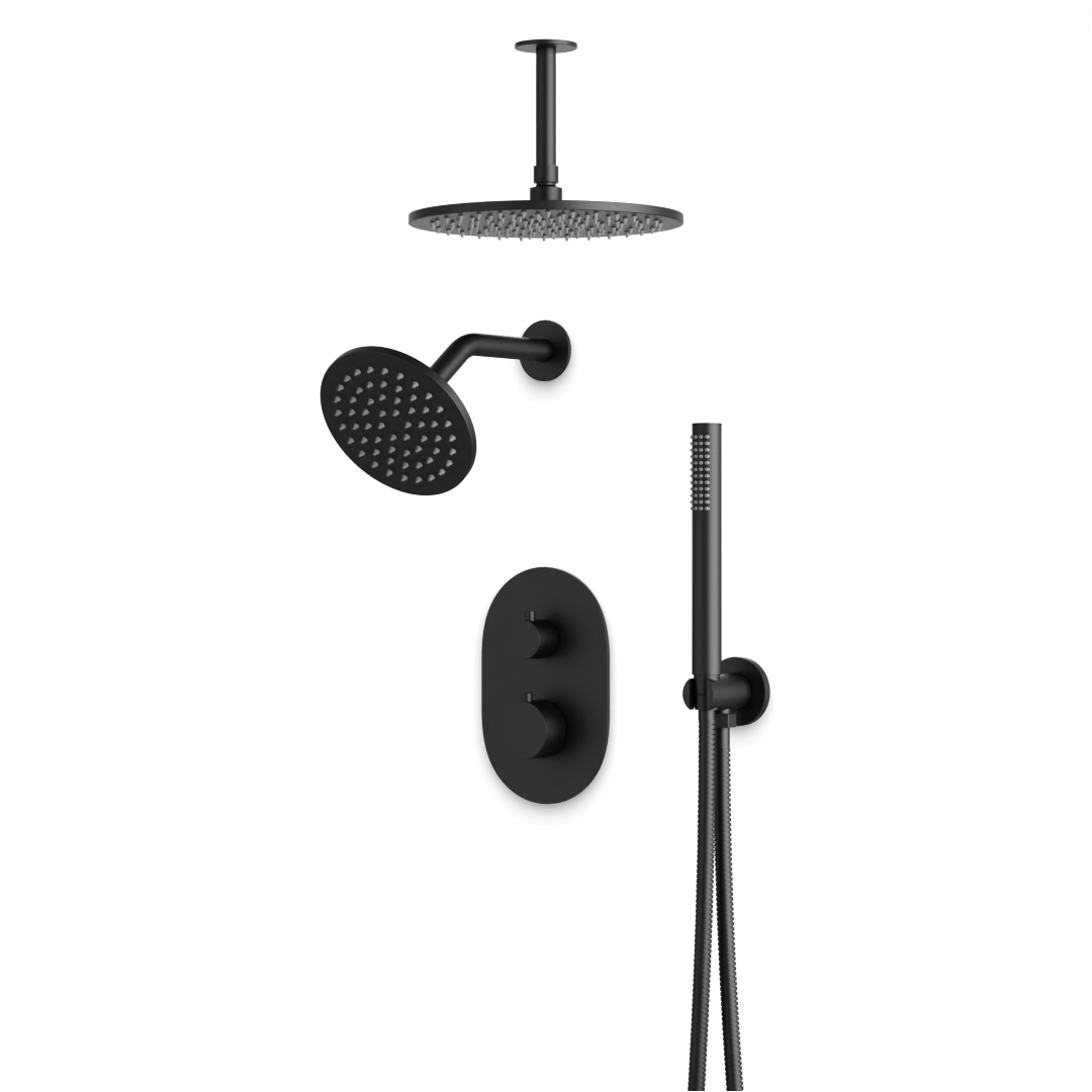 Artos Opera Thermostatic Shower Trim Kit with Wall & Ceiling Mount Shower Head, Hand Shower in Matte Black – Wide Control Trim Style – PS108BK