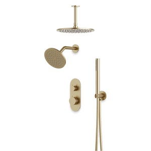 Artos Opera Thermostatic Shower Trim Kit with Wall & Ceiling Mount Shower Head, Hand Shower in Satin Brass – Wide Control Trim Style – PS108SB