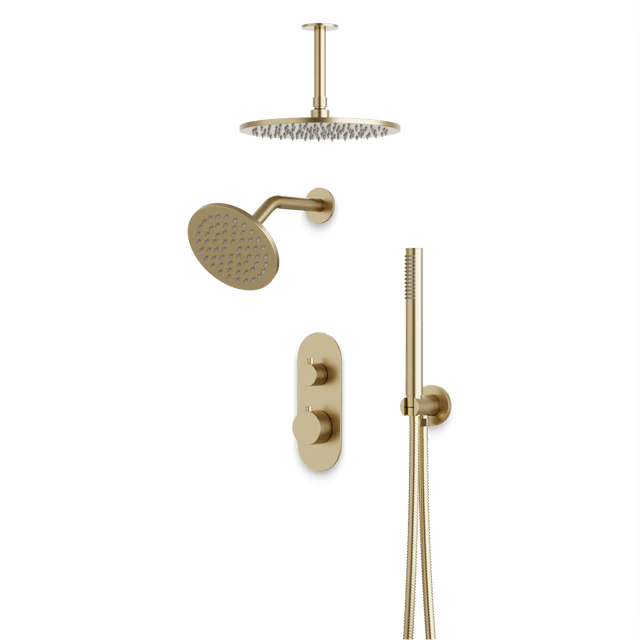 Artos Opera Thermostatic Shower Trim Kit with Wall & Ceiling Mount Shower Head, Hand Shower in Satin Brass – Wide Control Trim Style – PS108SB